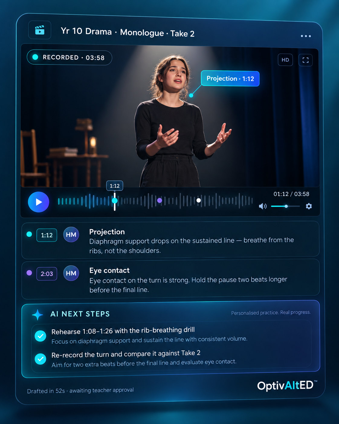 The OptivAItED review screen: a Year 10 drama monologue, take two. A Projection note is pinned to the performer at 1:12, a waveform timeline marks where comments were left, two timestamped coach notes cover projection and eye contact, and an AI Next Steps panel drafts the rehearsal actions that follow.